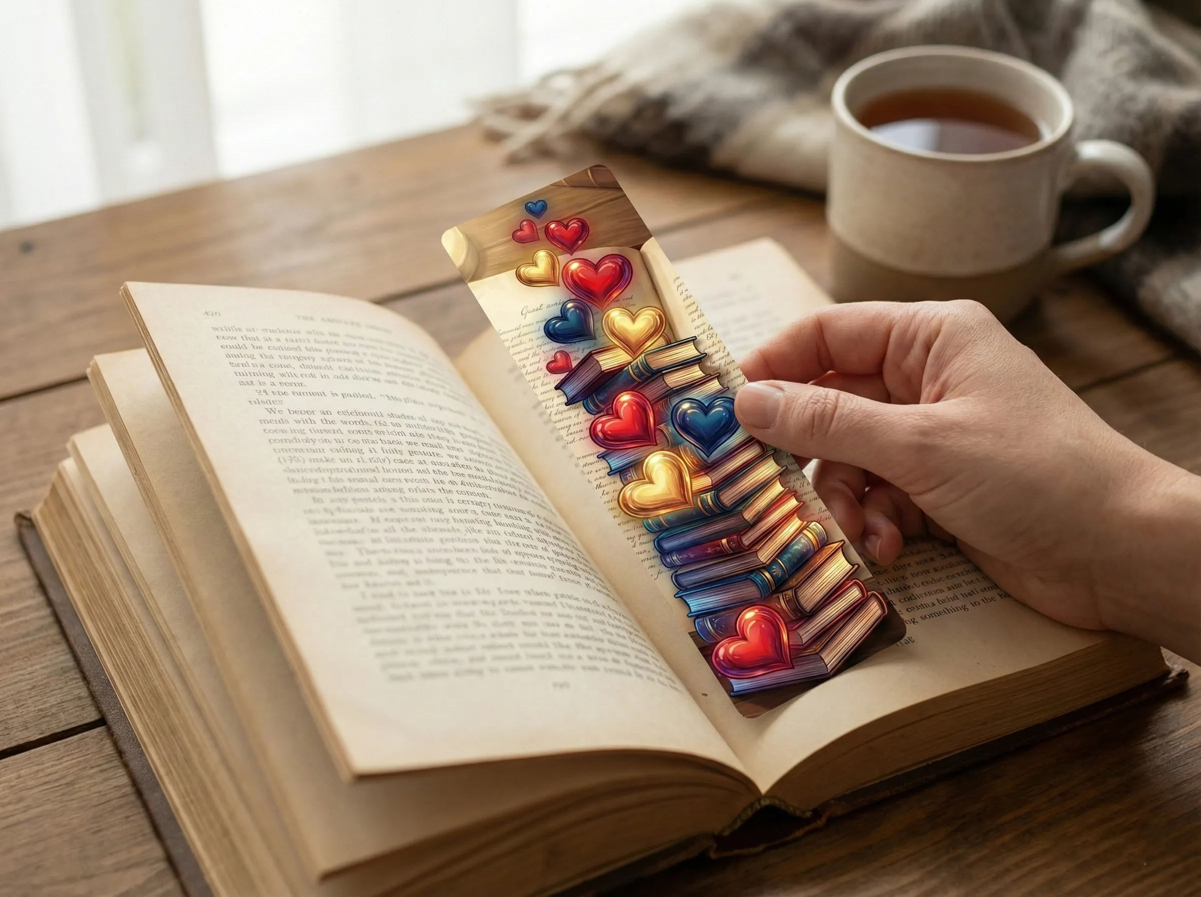 Lesezeichen Bücherstapel & Herzen