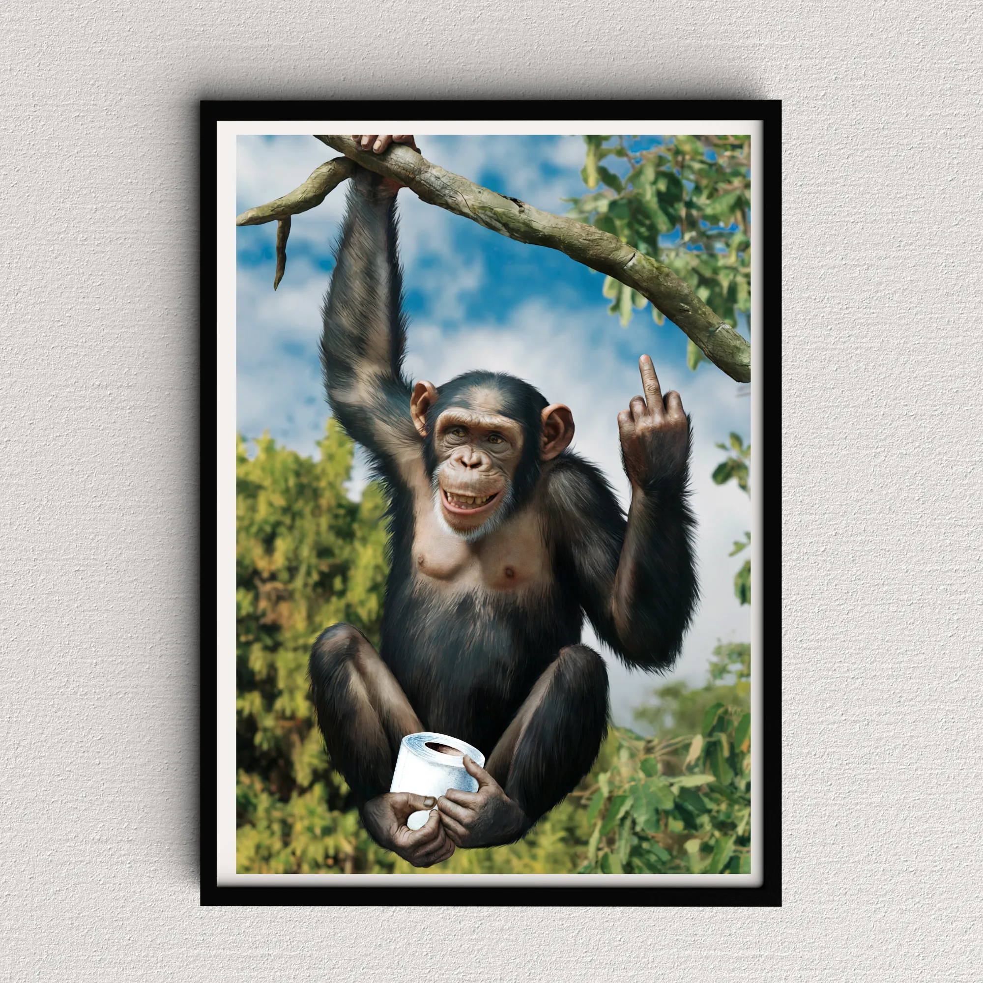Postkarte Schimpanse Mittelfinger | Affe mit Klopapier