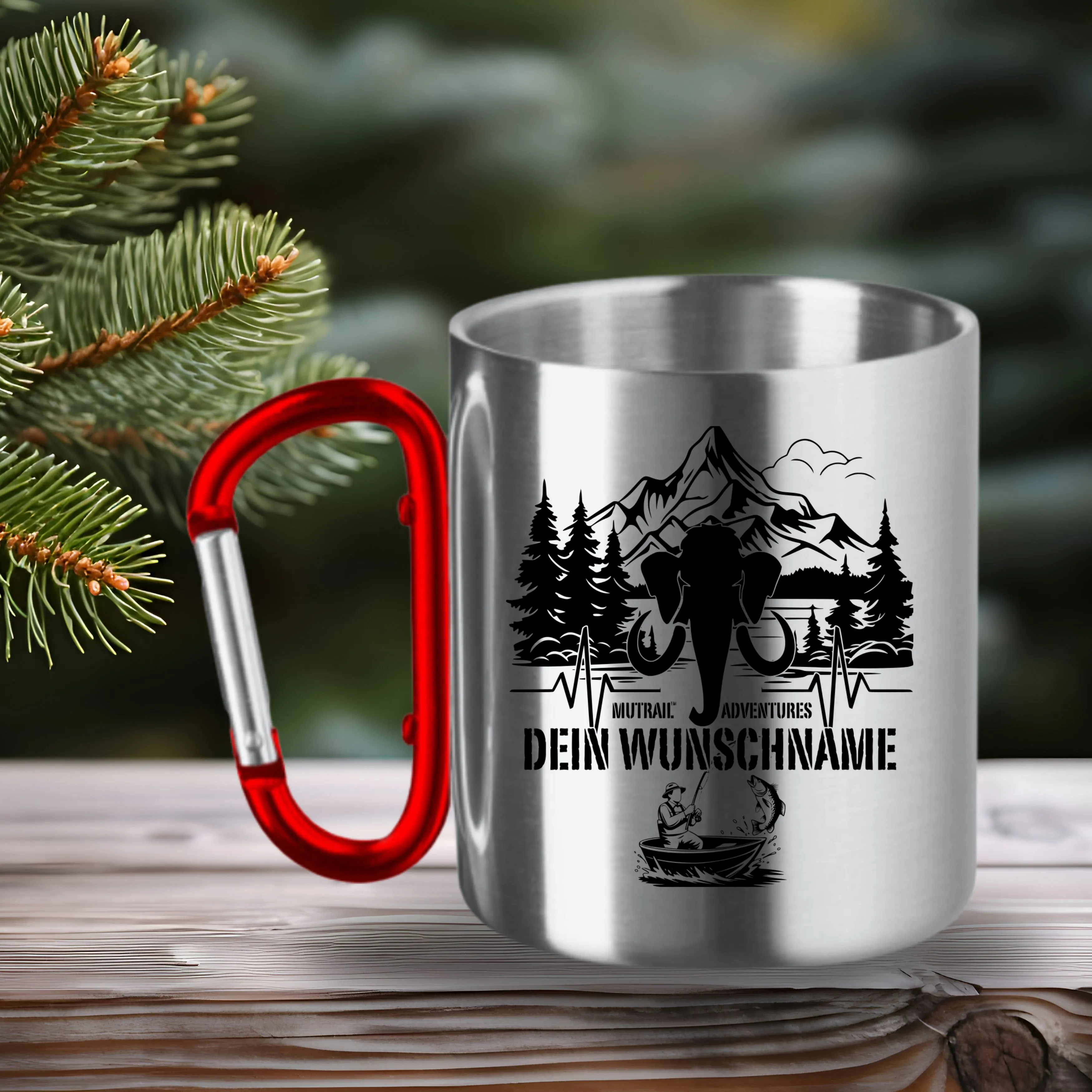 Personalisierte Angler Tasse Edelstahl mit Karabiner, Campingbecher mit Namen