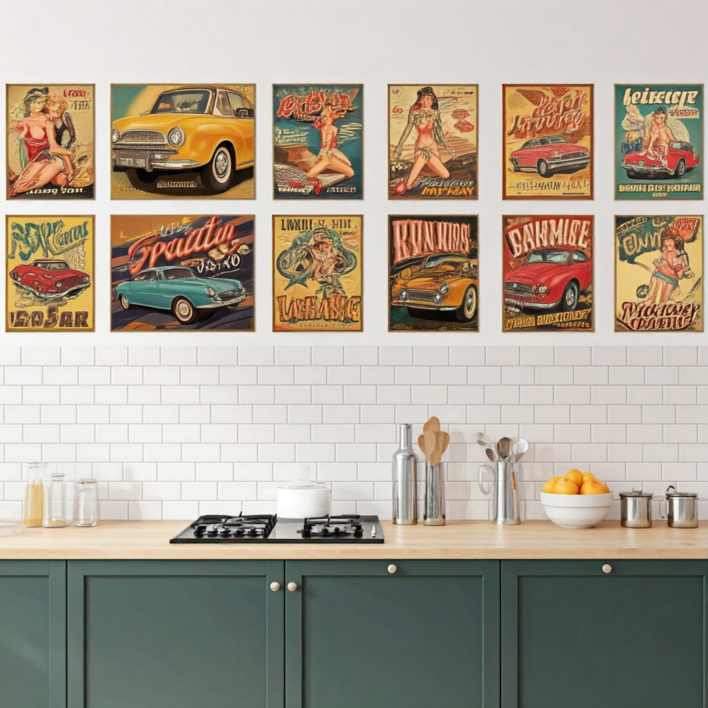 Eine Küche mit einem Vintage-Flair, weißen Fliesen an der Wand und Schränken. An der Wand hängen mehrere Poster mit Retro-Designs, die Pin-up-Girls und klassische Autos zeigen.